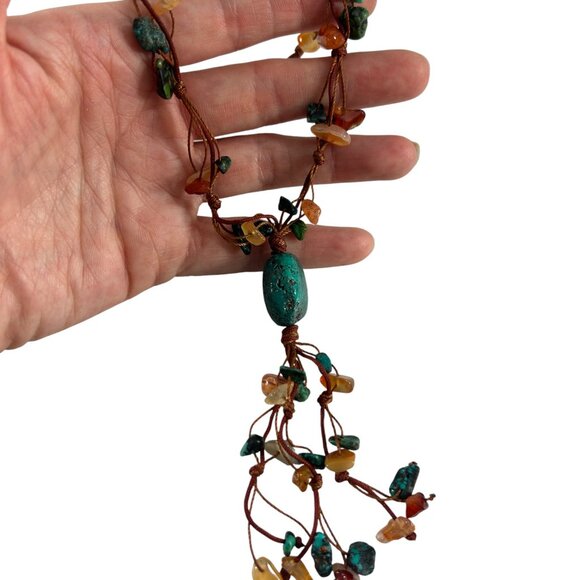 Boho Multistrand Stone Chip Necklace Brown Cord Turquoise Donut Toggle Y Tassel - Picture 10 of 11